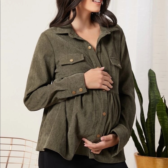 Tops - MATERNITY olive green corduroy button up shirt